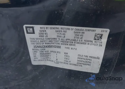 2016 Chevrolet Equinox Lt from USA, damaged, VIN 2GNALCEK8G6302068